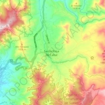 Mapa topográfico Santa Rosa de Cabal, altitud, relieve