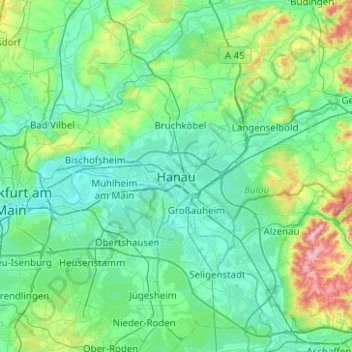 Mapa topográfico Hanau, altitud, relieve