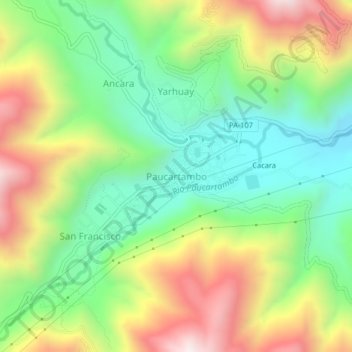 Mapa topográfico Paucartambo, altitud, relieve