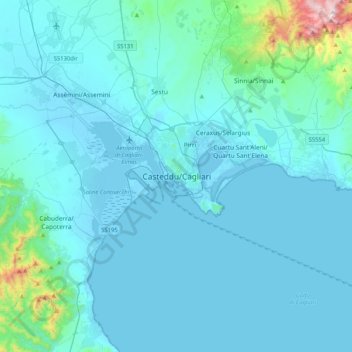 Mapa topográfico Cagliari, altitud, relieve