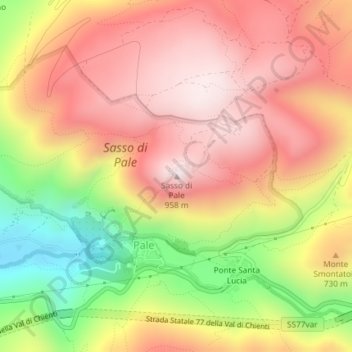 Mapa topográfico Sasso di Pale, altitud, relieve