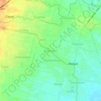 Mapa topográfico Kedungan, altitud, relieve