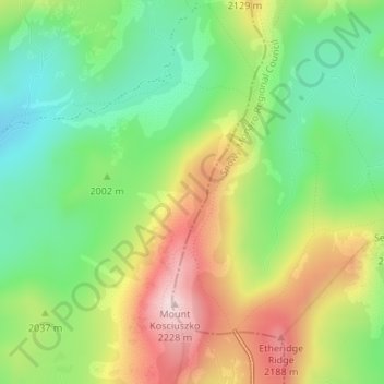 Mapa topográfico Snowy Mountains, altitud, relieve