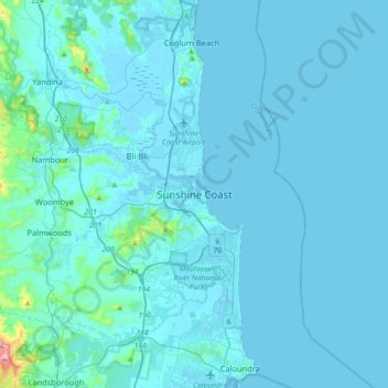Mapa topográfico Sunshine Coast, altitud, relieve
