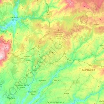 Mapa topográfico Viseu, altitud, relieve