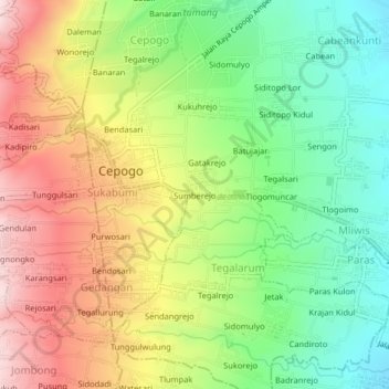 Mapa topográfico Sumberejo, altitud, relieve