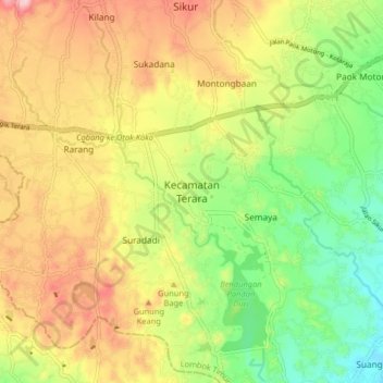 Mapa topográfico Kecamatan Terara, altitud, relieve