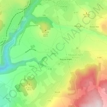 Mapa topográfico Laniac, altitud, relieve
