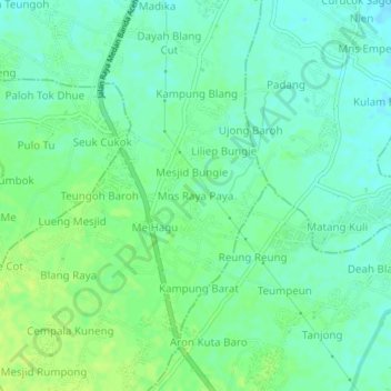 Mapa topográfico Mns Raya Paya, altitud, relieve