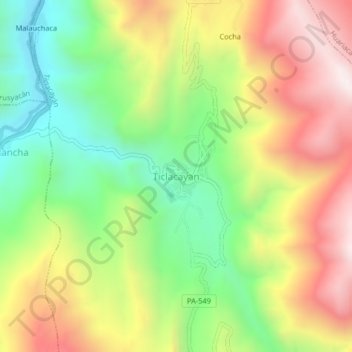 Mapa topográfico Ticlacayan, altitud, relieve