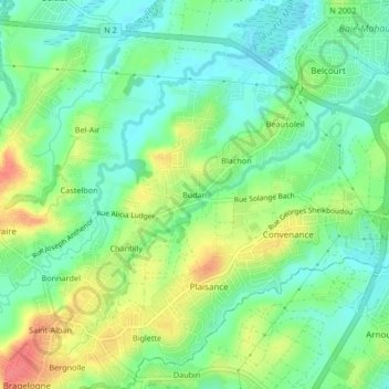 Mapa topográfico Budan, altitud, relieve