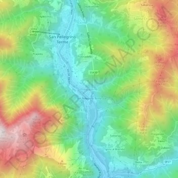 Mapa topográfico Pregalleno, altitud, relieve