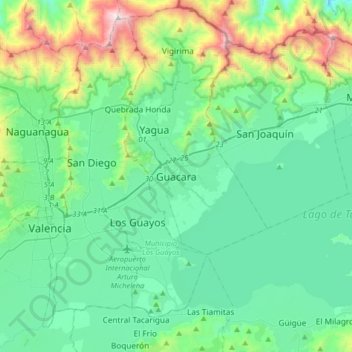 Mapa topográfico Guacara, altitud, relieve