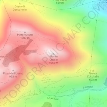 Mapa topográfico Monte Cuccio, altitud, relieve
