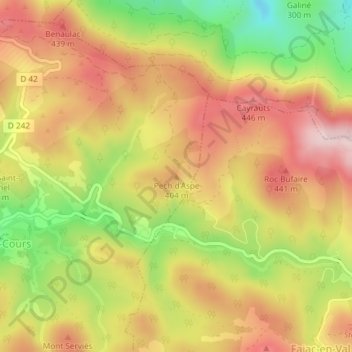Mapa topográfico Pech d'Aspe, altitud, relieve