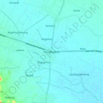 Mapa topográfico Pangkajene, altitud, relieve