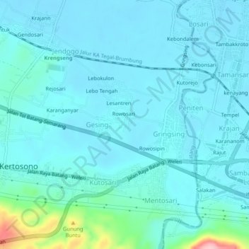Mapa topográfico Gringsing, altitud, relieve