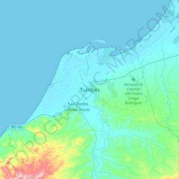 Mapa topográfico Tumbes, altitud, relieve
