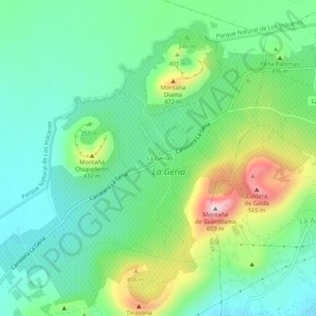 Mapa topográfico La Geria, altitud, relieve