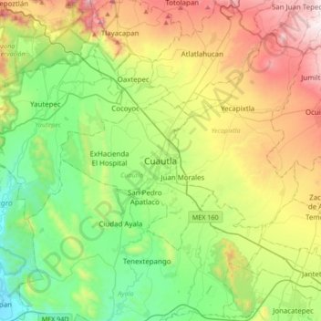 Mapa topográfico Cuautla, altitud, relieve