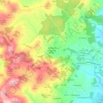 Mapa topográfico O Lugar do Medio, altitud, relieve