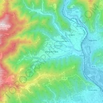 Mapa topográfico Alano di Piave, altitud, relieve