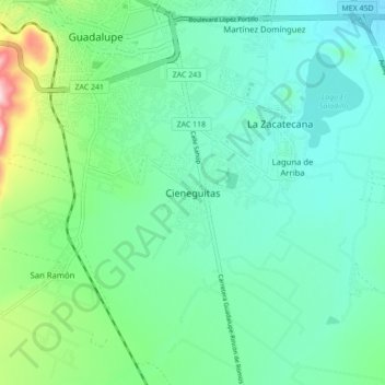 Mapa topográfico Cieneguitas, altitud, relieve