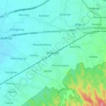 Mapa topográfico Wonoasri, altitud, relieve