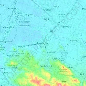 Mapa topográfico Tawangsari, altitud, relieve