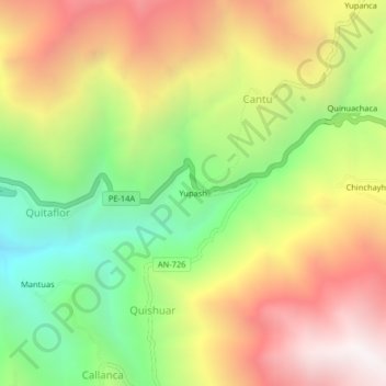 Mapa topográfico Yupash, altitud, relieve