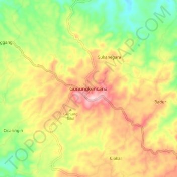 Mapa topográfico Gunungkencana, altitud, relieve