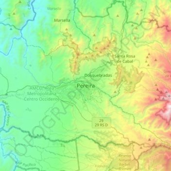 Mapa topográfico Pereira, altitud, relieve