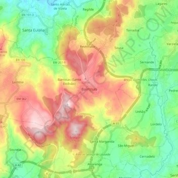 Mapa topográfico Barrosas, altitud, relieve
