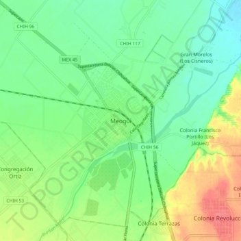 Mapa topográfico Meoqui, altitud, relieve