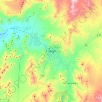 Mapa topográfico Copiapó, altitud, relieve