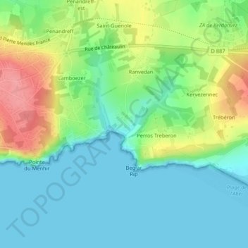Mapa topográfico Postolonnec, altitud, relieve