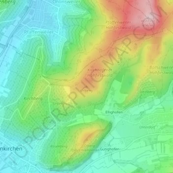Mapa topográfico Urberg, altitud, relieve