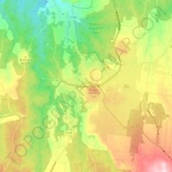 Mapa topográfico Daylesford, altitud, relieve