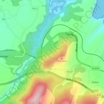 Mapa topográfico Monte Faro, altitud, relieve