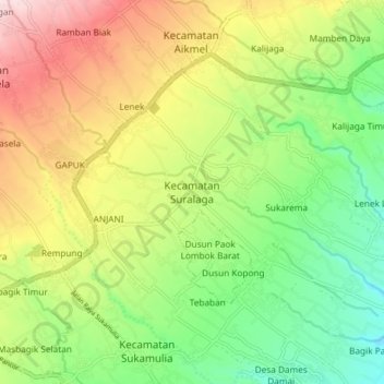 Mapa topográfico Kecamatan Suralaga, altitud, relieve