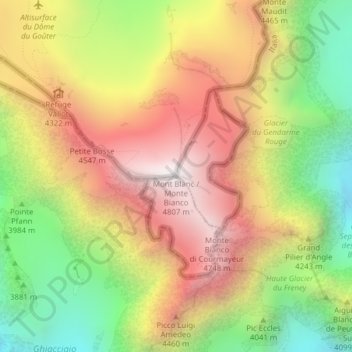 Mapa topográfico Mont Blanc, altitud, relieve