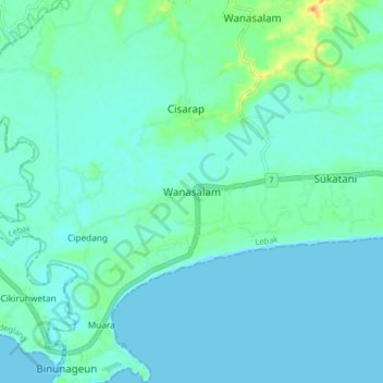 Mapa topográfico Wanasalam, altitud, relieve