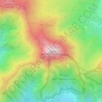 Mapa topográfico Cerro Manquehue, altitud, relieve