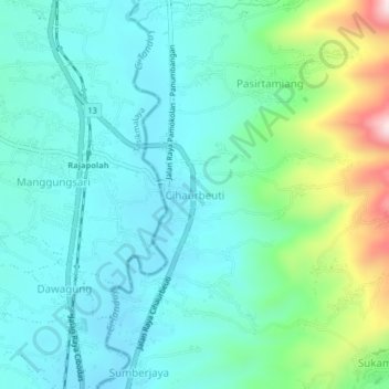 Mapa topográfico Cihaurbeuti, altitud, relieve