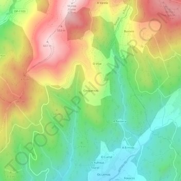 Mapa topográfico Cerqueiras, altitud, relieve