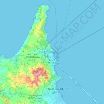 Mapa topográfico Melilla, altitud, relieve