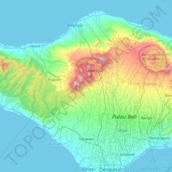 Mapa topográfico Bali Island, altitud, relieve