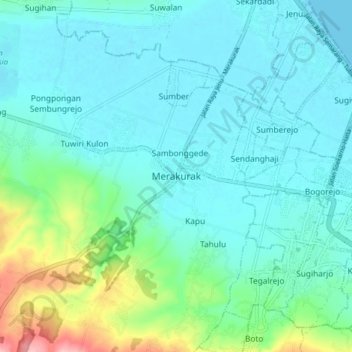 Mapa topográfico Merakurak, altitud, relieve