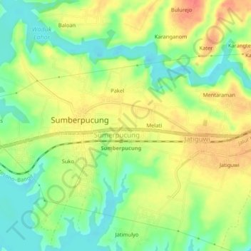 Mapa topográfico Krajan, altitud, relieve