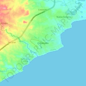 Mapa topográfico Coronado, altitud, relieve